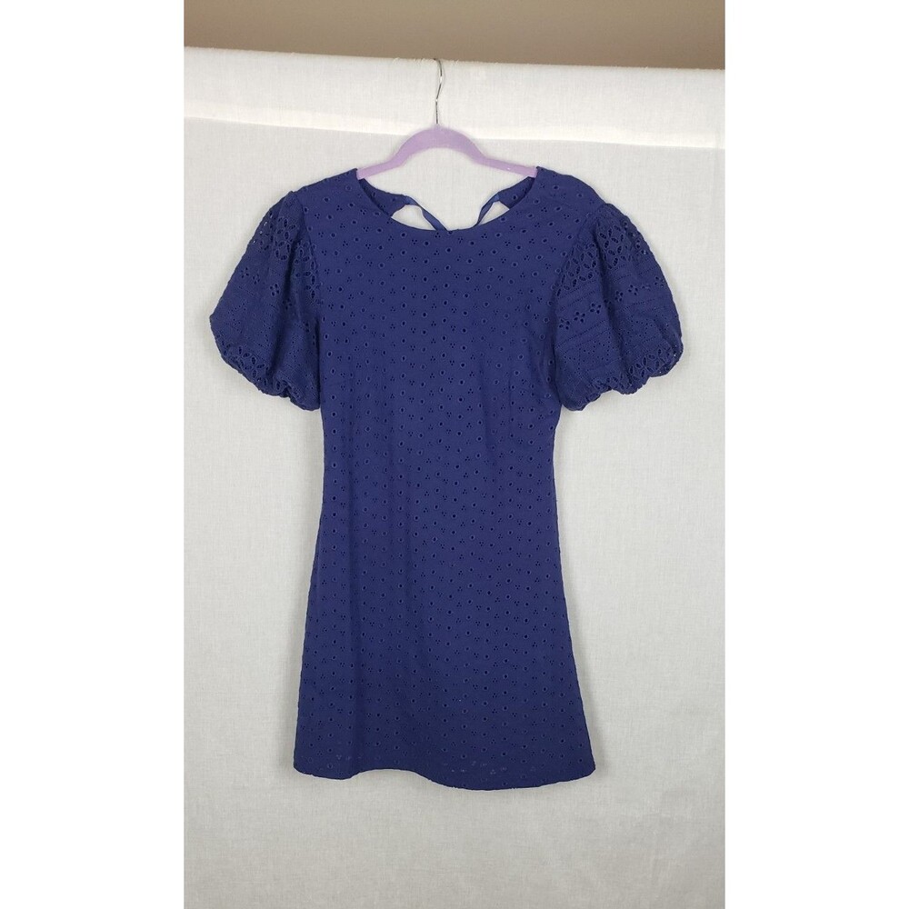 Free People Mini Dress Apricot Rose Puff Sleeve Eyelet Indigo Navy Blue Small - Picture 1 of 8